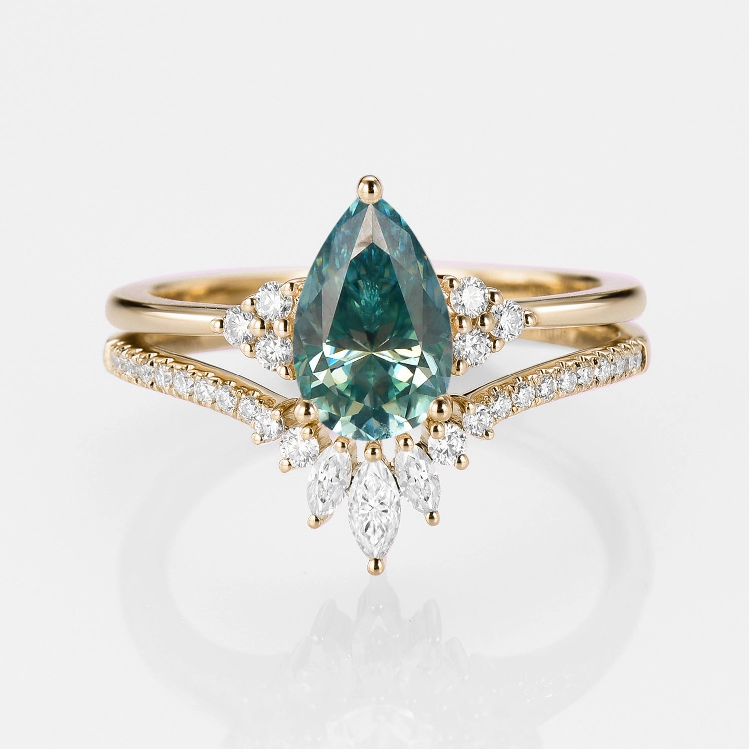 Classic Engagement - Pear Moissanite Engagement Ring Set 2pcs - Lydia Vivid Glow
