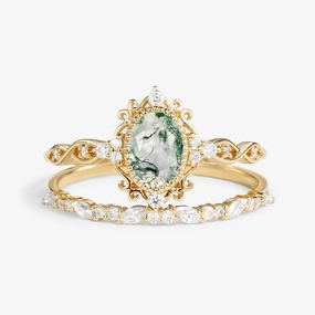 Luxury Set Oval Cut Vintage Moss Agate Engagement Ring Set 2pcs - Margaret