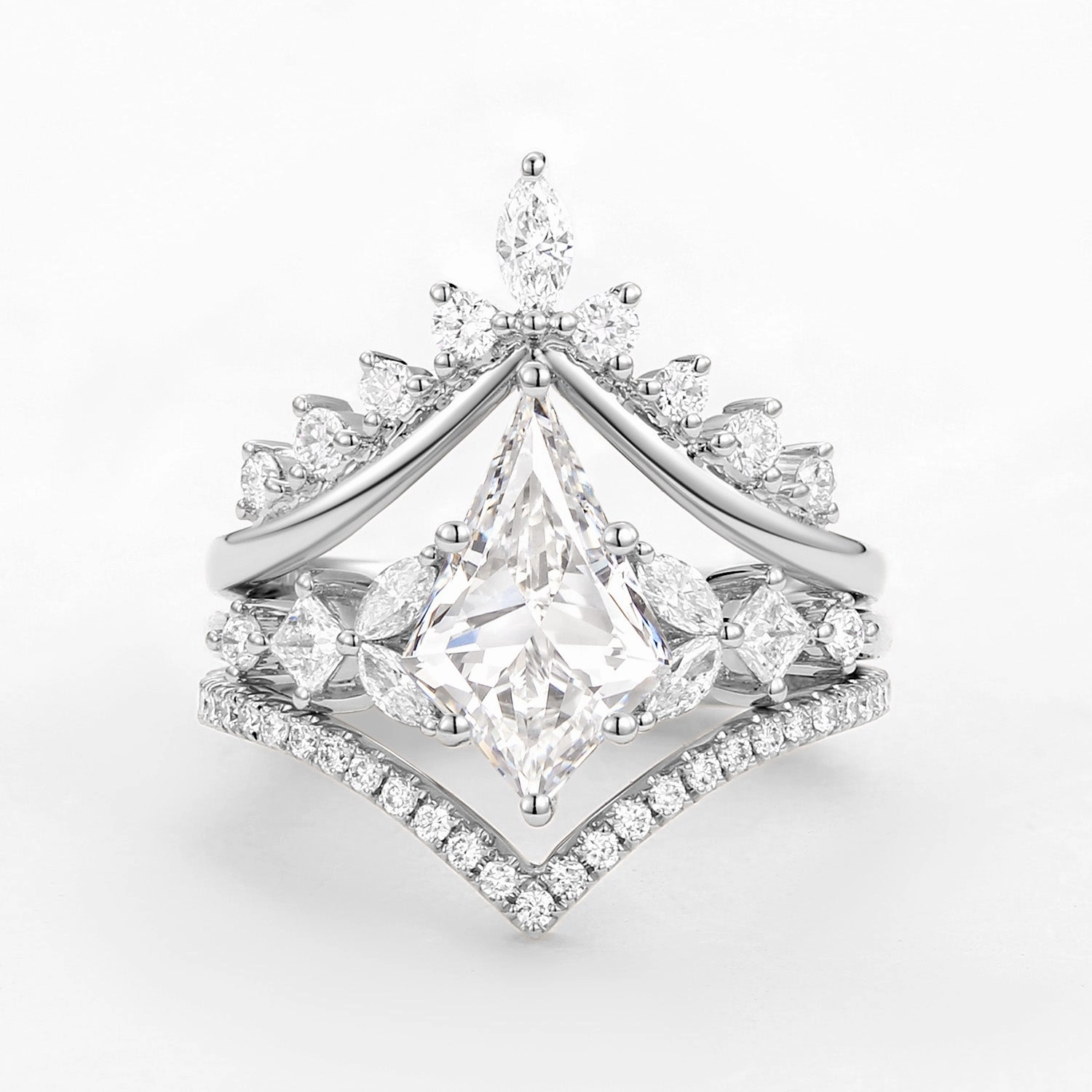 Polished Elegance Instant Style Kite Cut Moissanite Stacking Luxurious Engagement Bridal Set 3pcs - Amelia