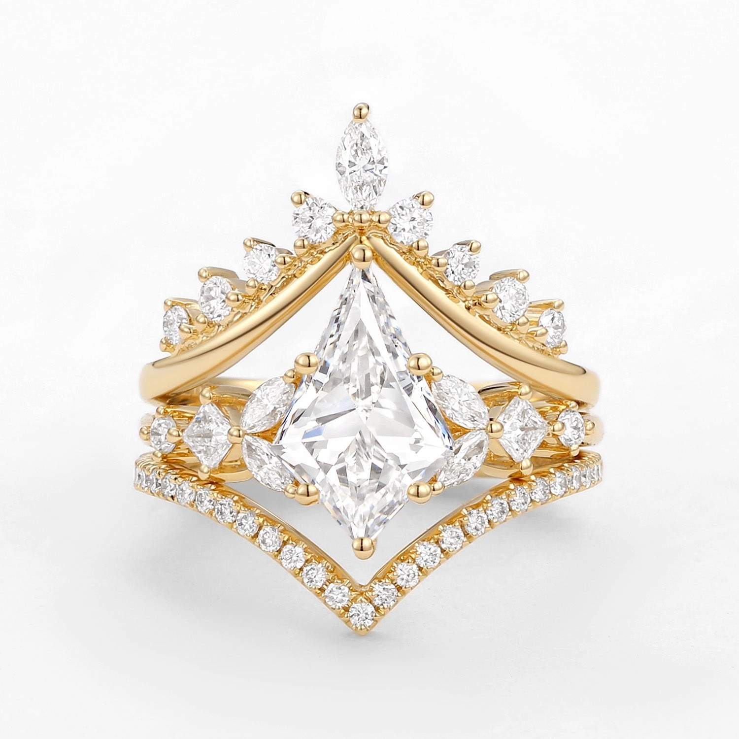 Kite Cut Moissanite Stacking Luxurious Engagement Bridal Set 3pcs - Amelia Lifestyle Fit Sparkling finish