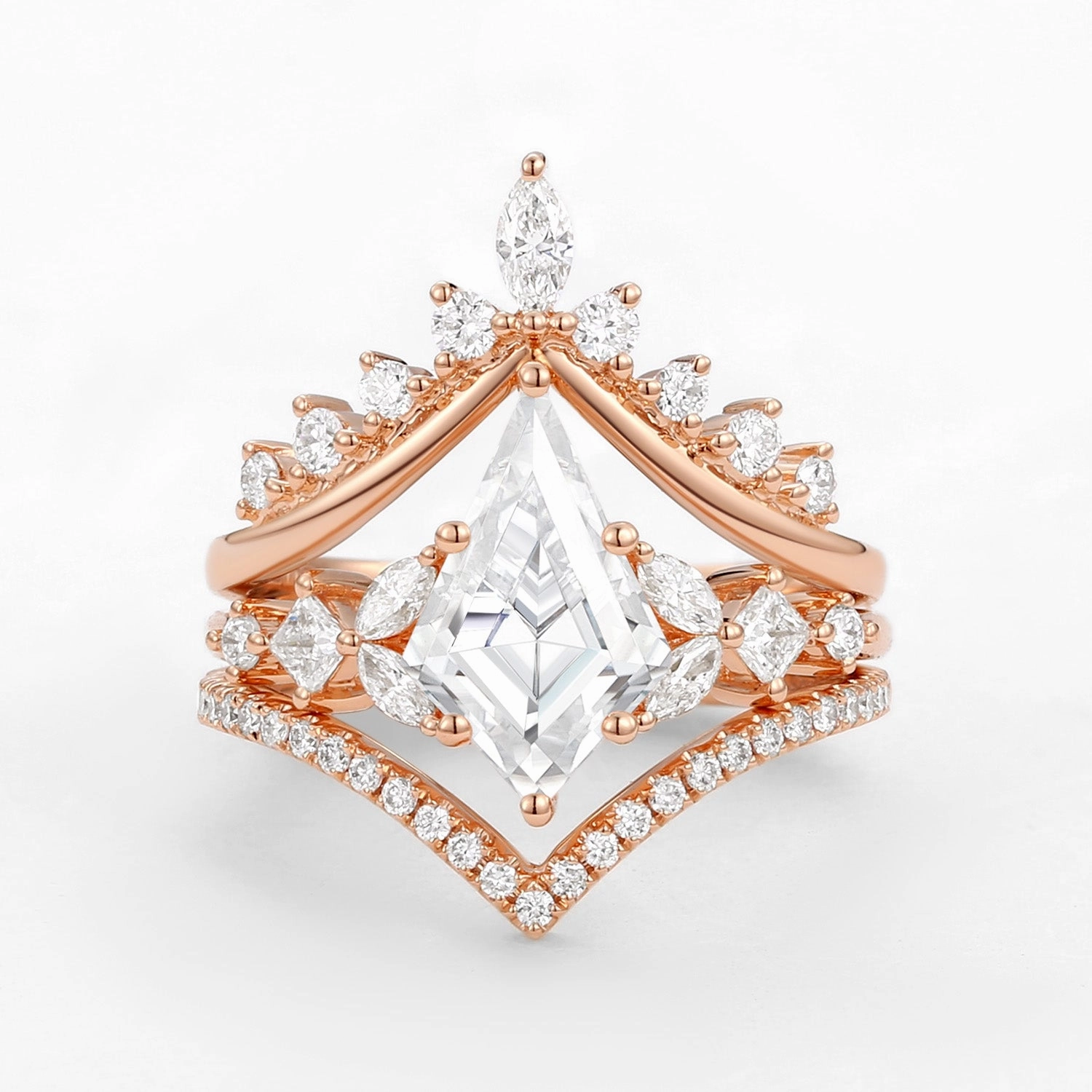 Kite Cut Moissanite Stacking Luxurious Engagement Bridal Set 3pcs - Amelia Light Fit