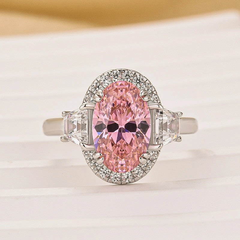 Contemporary Design 2.5Ct Halo Oval Cut Three Stone Engagement Ring Promise Ring For Her