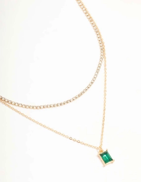 Gold Diamante & Baguette Cut Green Diamante Layered Necklace Signature Form urban vibe