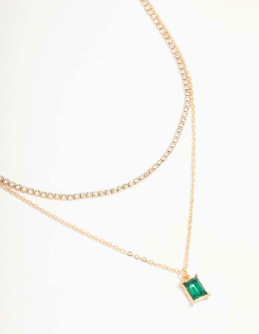 Gold Diamante & Baguette Cut Green Diamante Layered Necklace Signature Form urban vibe