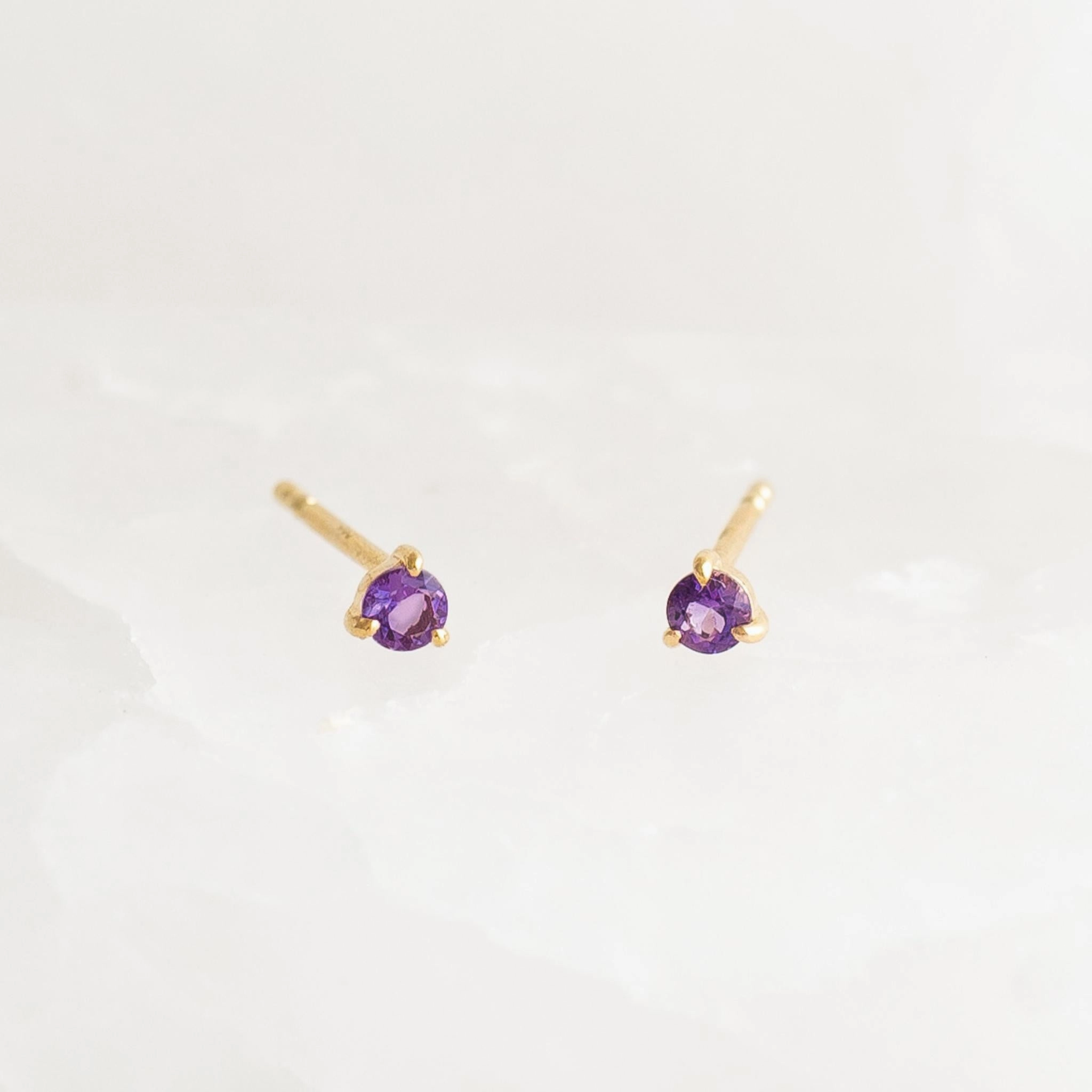 Cute Ornament Contemporary Detail February Birthstone Stud Earrings 14k Gold - Amethyst