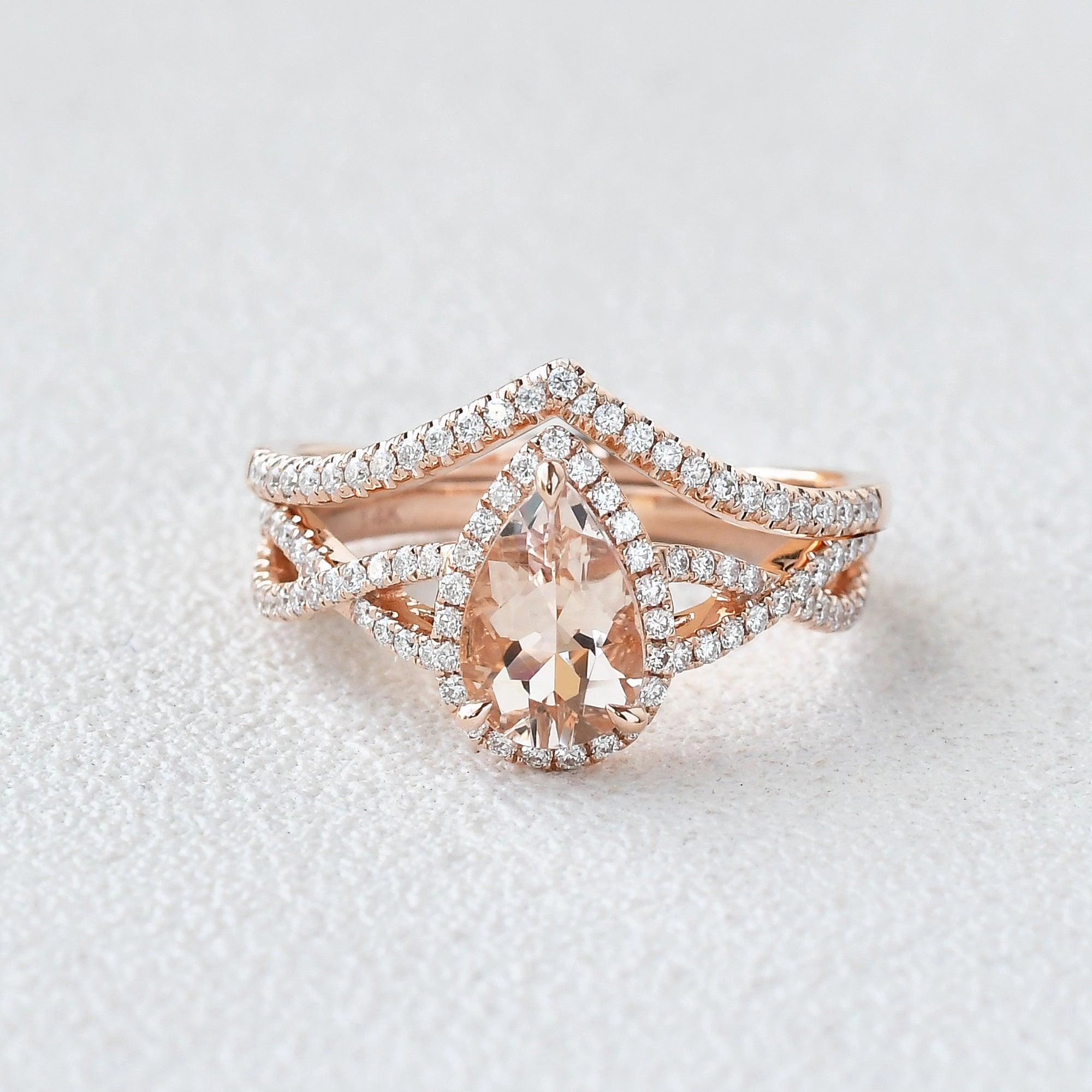 Vibrant Piece Felicegals Pear Shaped Morganite Gold Ring Set 2pcs