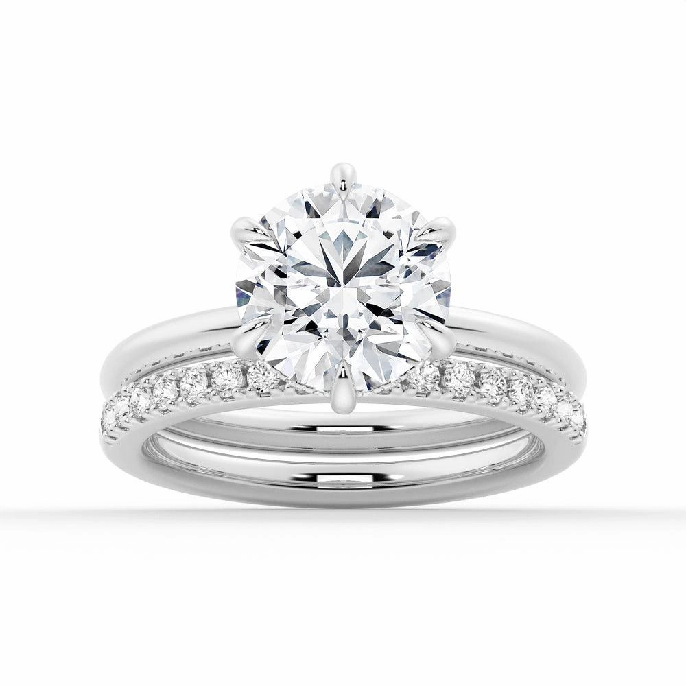 Everyday Highlight Six Prong Solitaire Hidden Halo Moissanite Ring Set with Matching Wedding Band