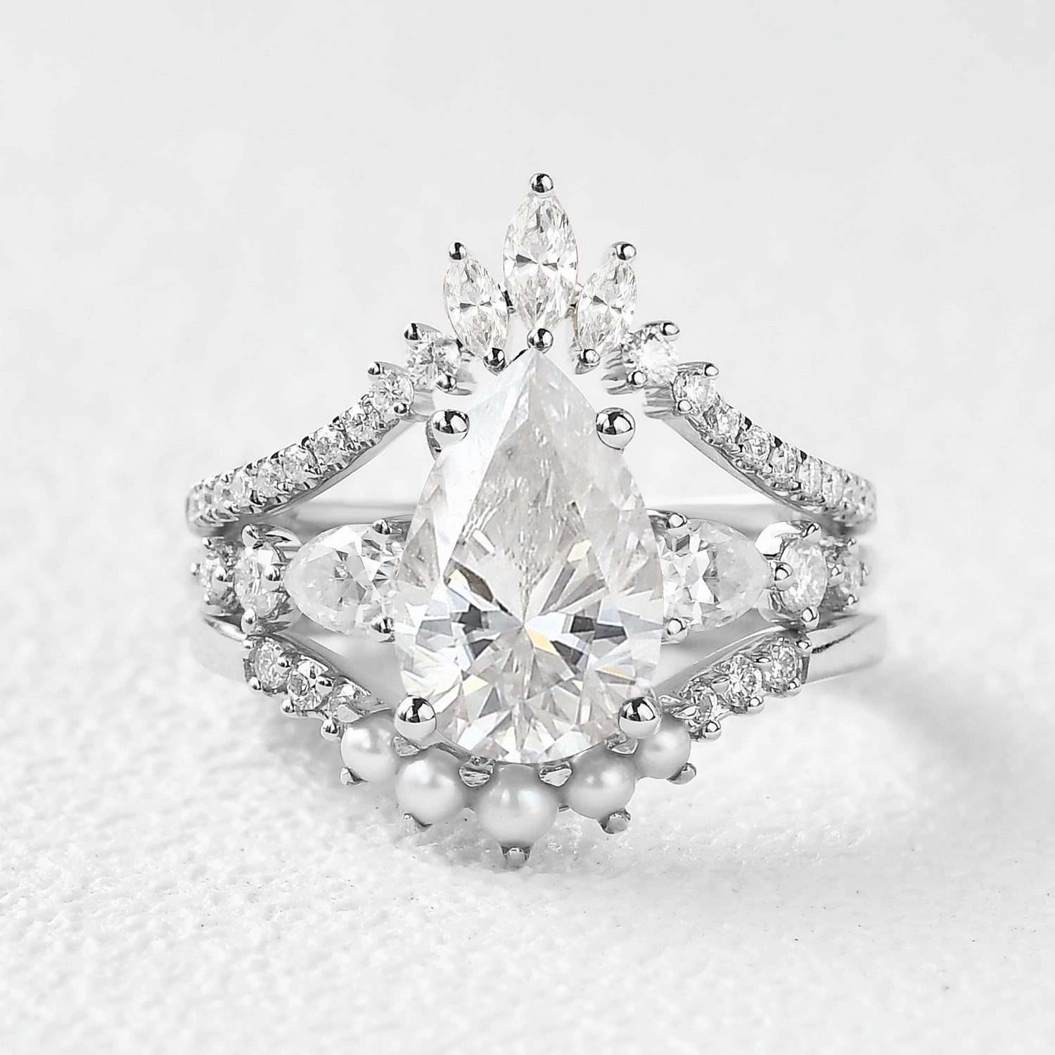 High Polish Polished Stones 3.0ct Pear Shaped Moss Agate & Pearl Bridal Ring Set 3pcs