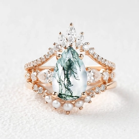 Delicate Details Handcrafted Shine 3.0ct Pear Shaped Moss Agate & Pearl Bridal Ring Set 3pcs