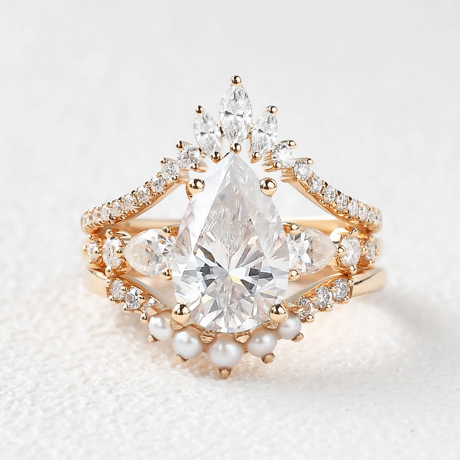 3.0ct Pear Shaped Moss Agate & Pearl Bridal Ring Set 3pcs Glittering Craft