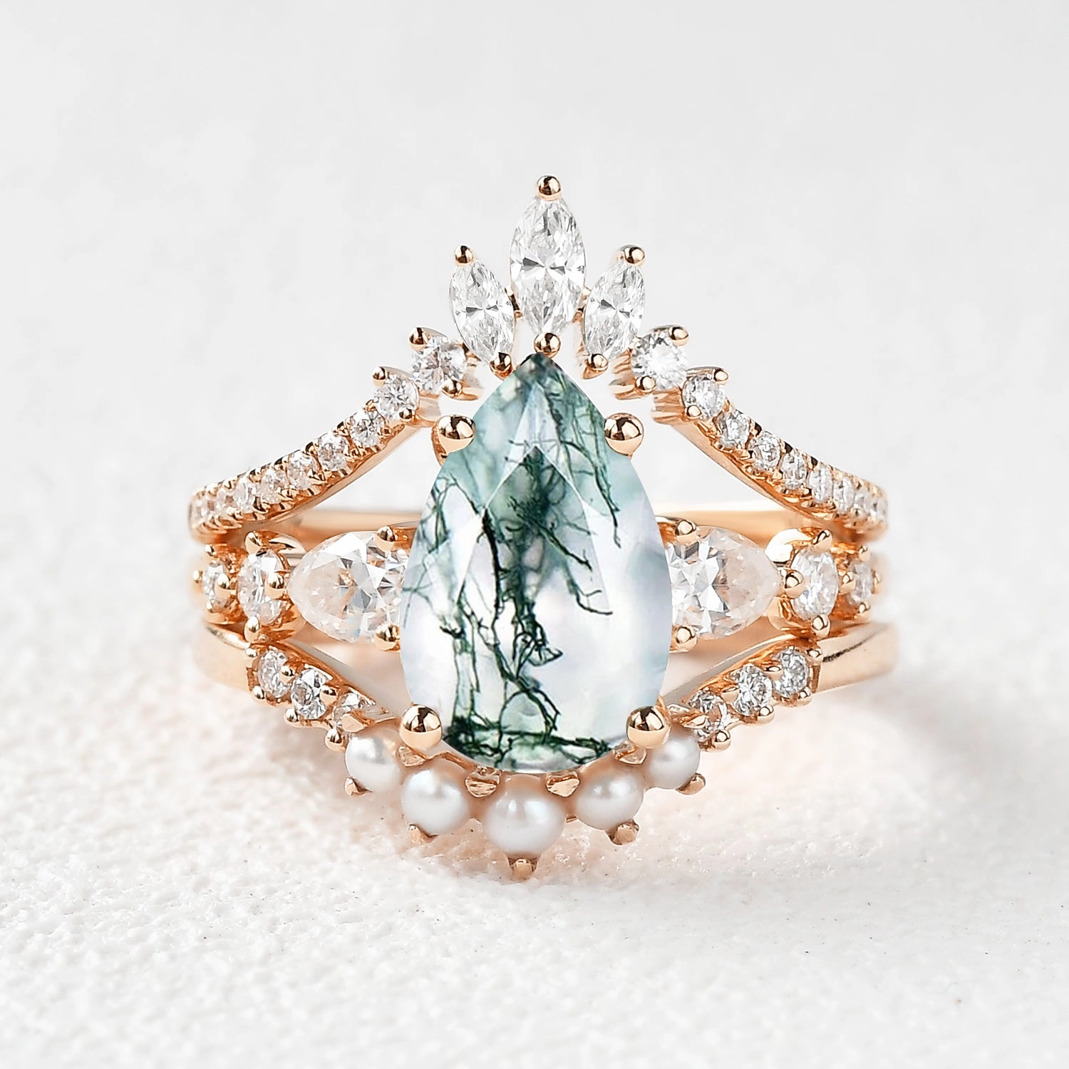 Delicate Details Handcrafted Shine 3.0ct Pear Shaped Moss Agate & Pearl Bridal Ring Set 3pcs