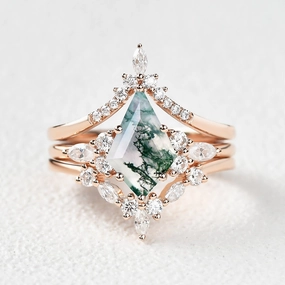 Unique Kite Cut Moss Agate Chevron Engagement Ring Set 3pcs - Kinsley Balanced Feature Premium Look