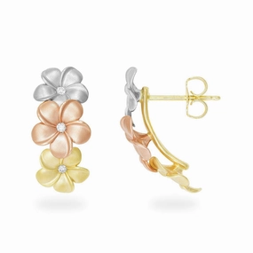 Plumeria Earrings in Tri Color Gold with Diamonds Trendy Item Premium Element