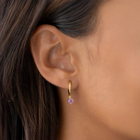 February Birthstone Drop Huggie Earrings - Amethyst Delicate Option Matte Accent
