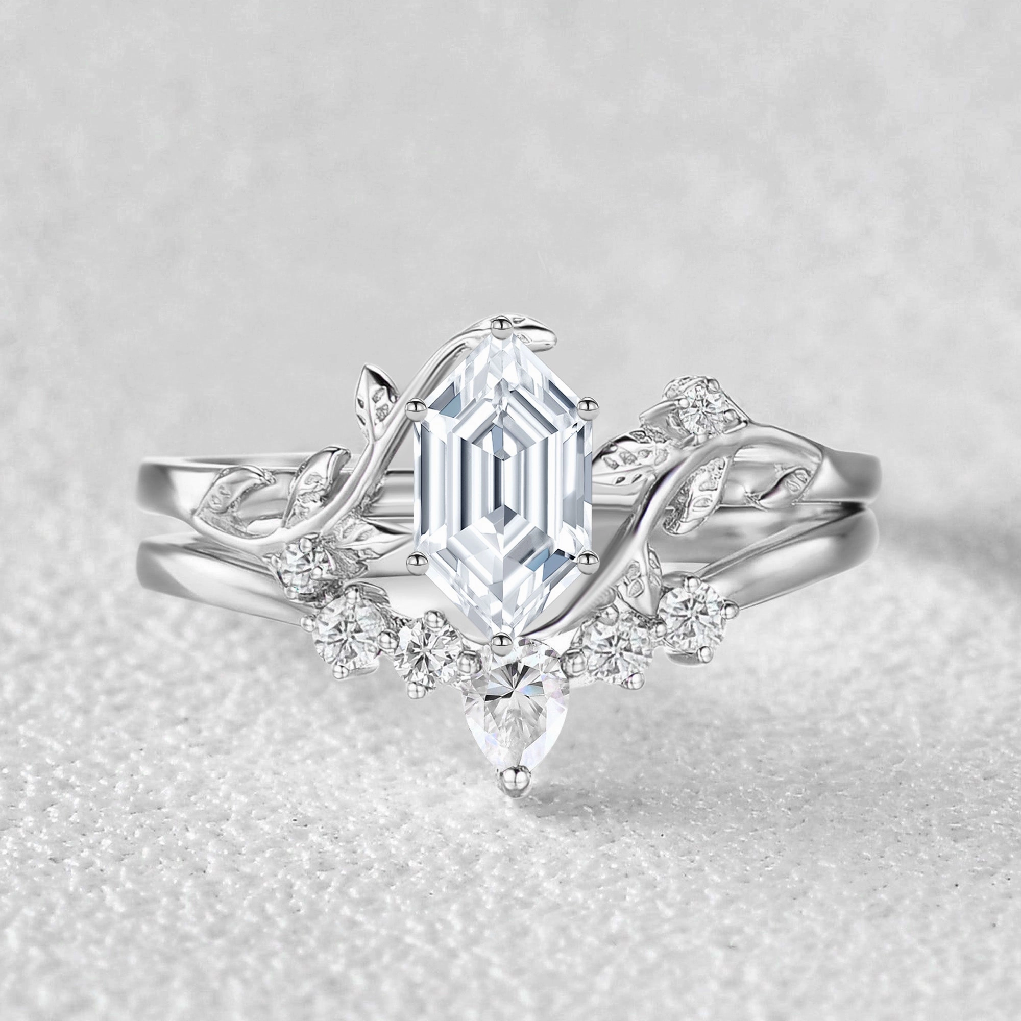 classic accessory Unique Hexagon Cut Moss Agate Leafy Bridal Ring Sets 2pcs - Willow