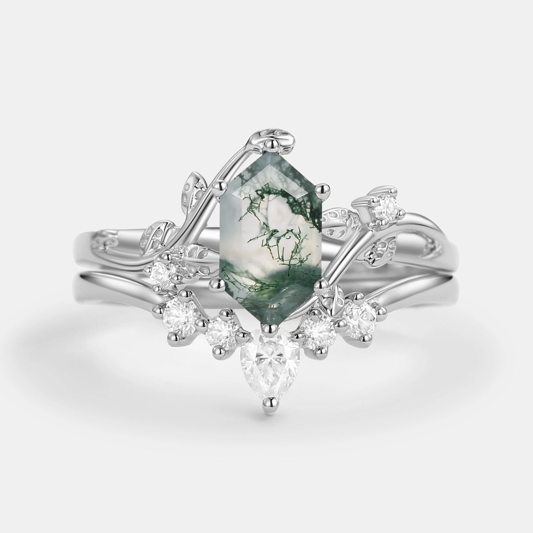 Unique Hexagon Cut Moss Agate Leafy Bridal Ring Sets 2pcs - Willow Classy Accent Star Detail