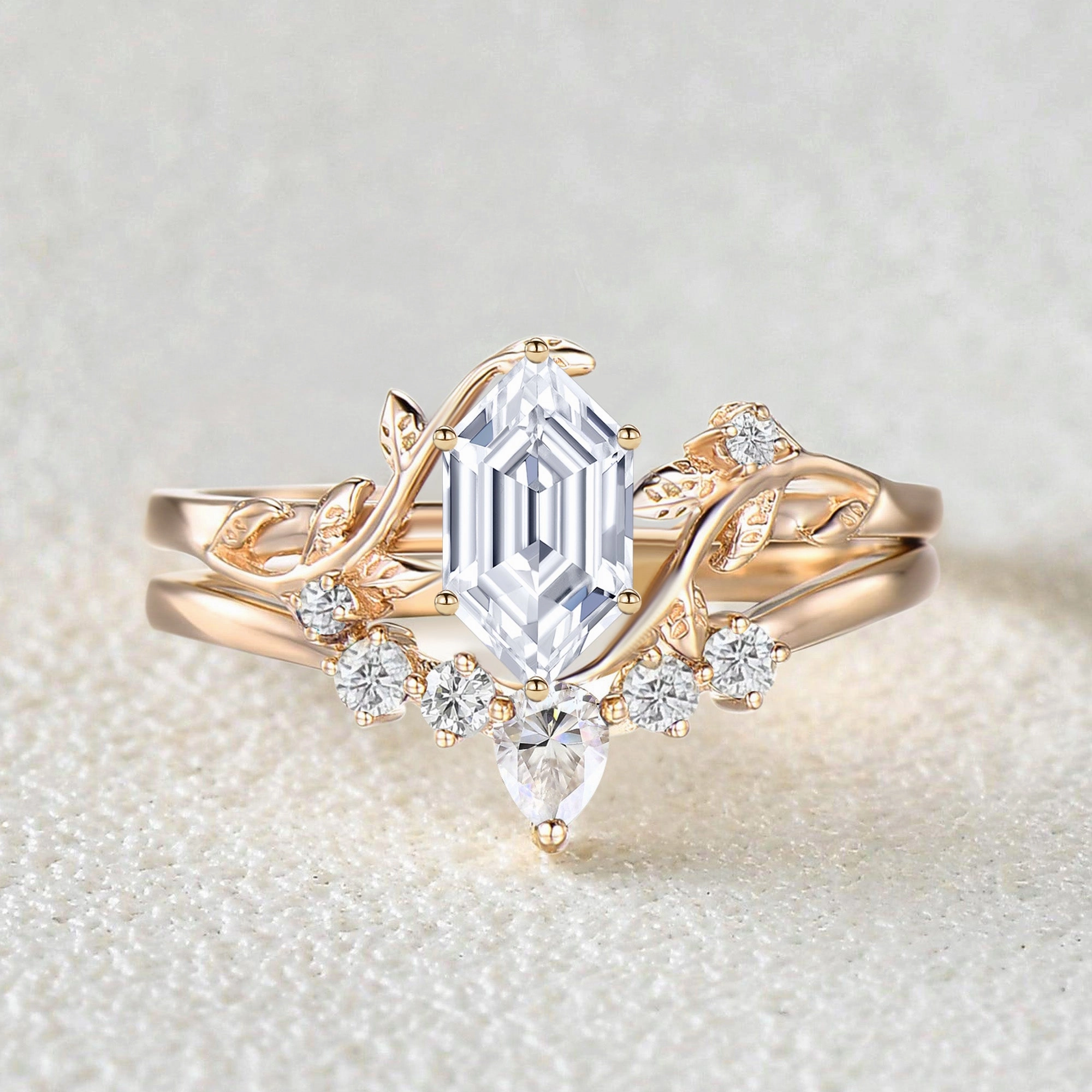 Custom Design Pieces Unique Hexagon Cut Moss Agate Leafy Bridal Ring Sets 2pcs - Willow