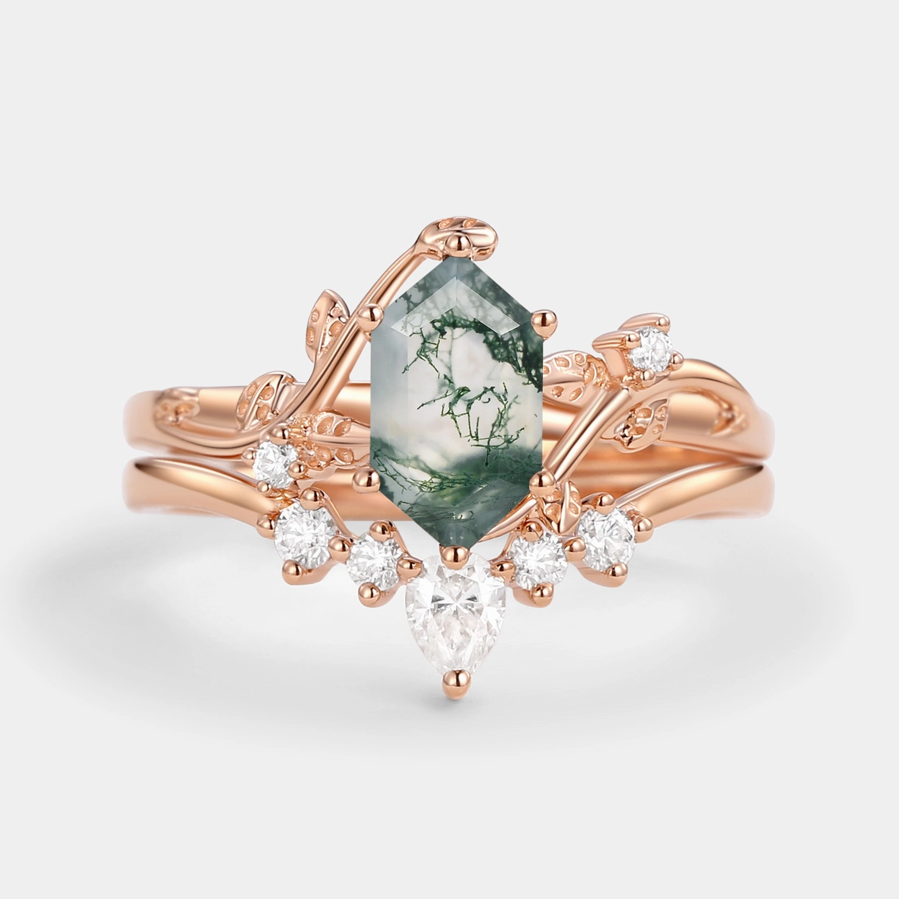 Unique Hexagon Cut Moss Agate Leafy Bridal Ring Sets 2pcs - Willow Statement Accent Glamorous Gem