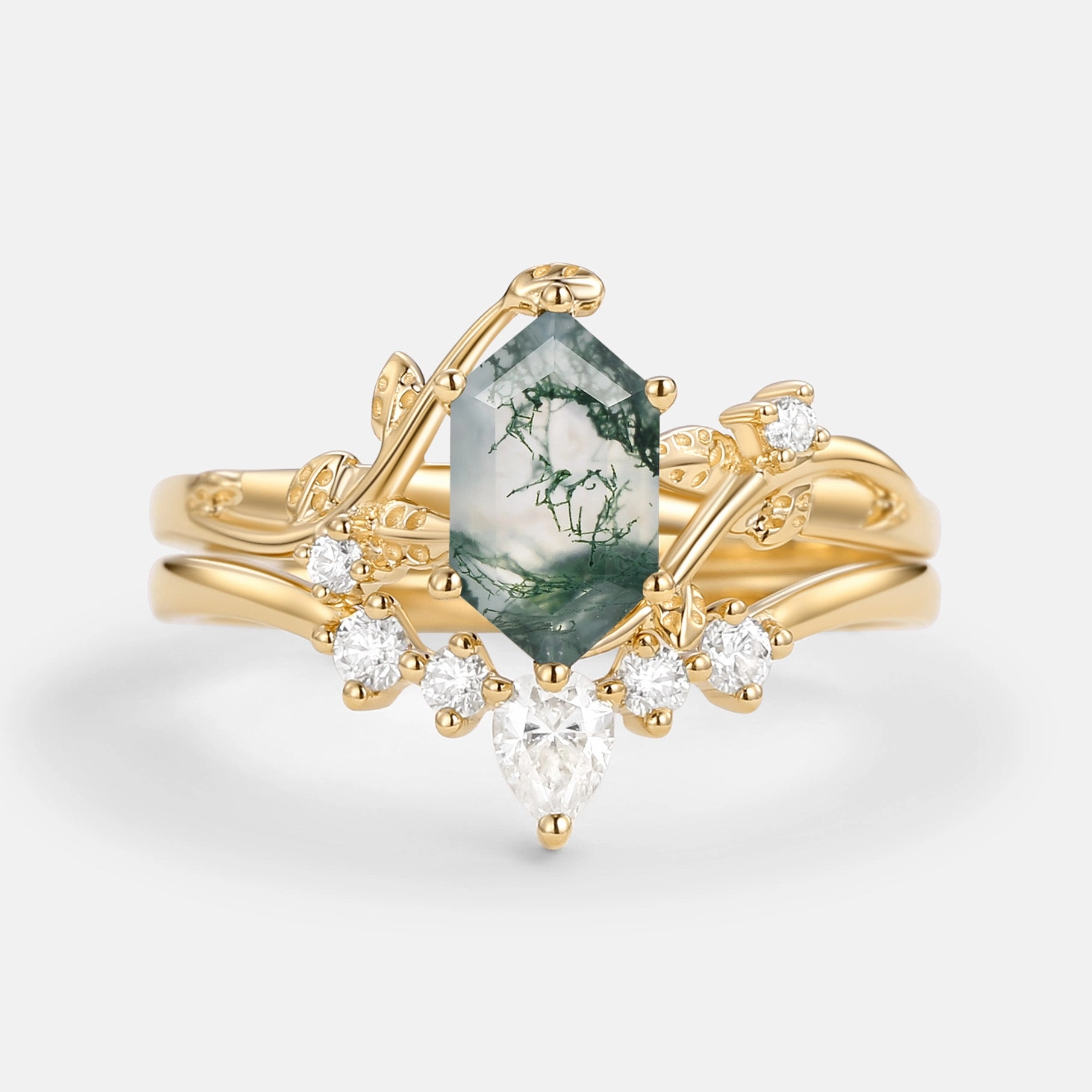 Premium Sparkle Unique Hexagon Cut Moss Agate Leafy Bridal Ring Sets 2pcs - Willow