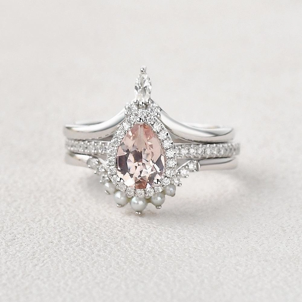 Exquisite Craft Pear Shaped Morganite Pearl-fect White Gold Halo Ring Set 3pcs