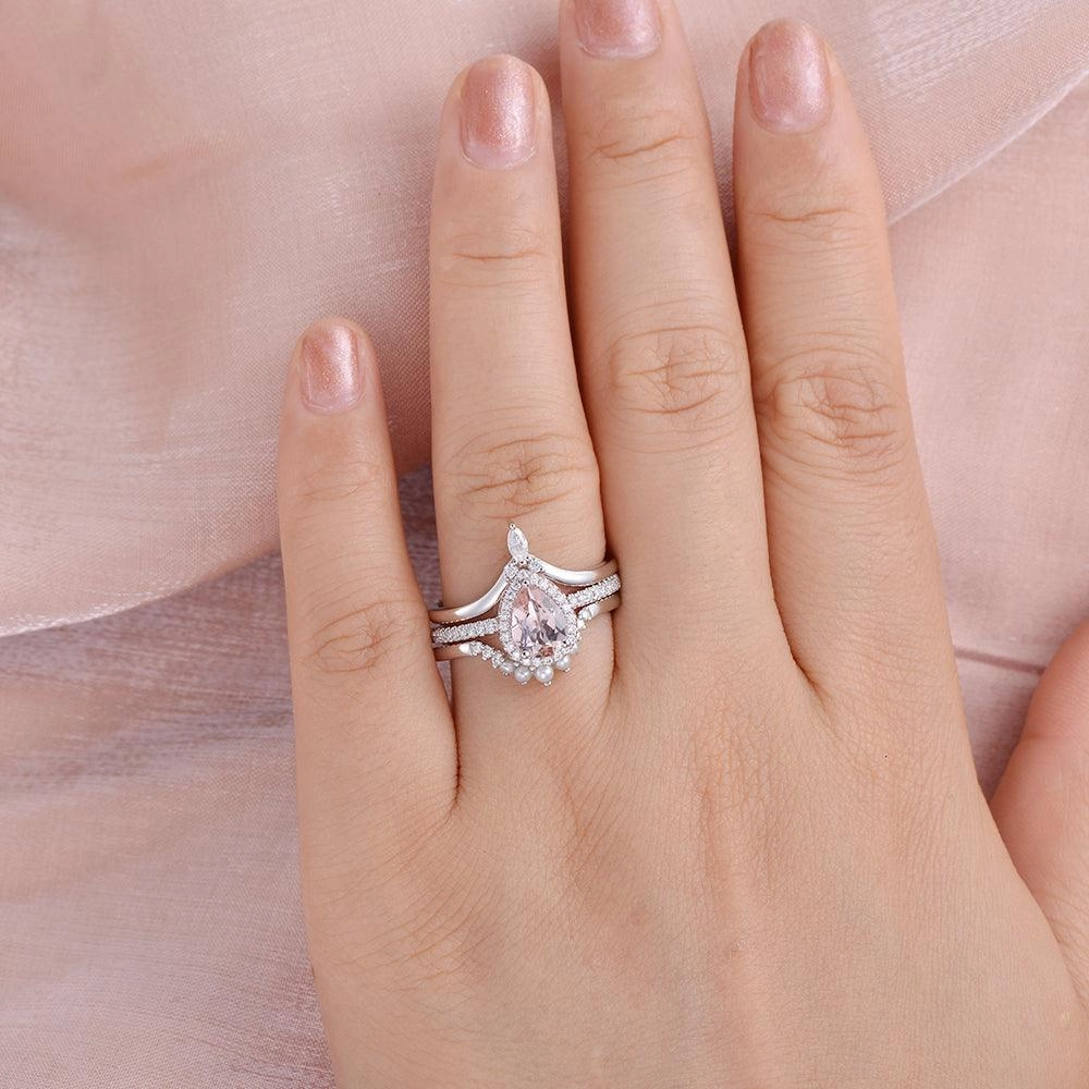 Valentine Gift Expressive Style Pear Shaped Morganite Pearl-fect White Gold Halo Ring Set 3pcs