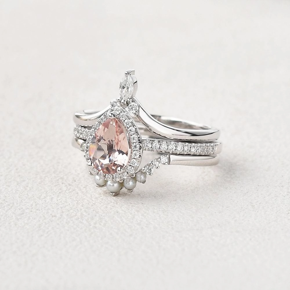 Pear Shaped Morganite Pearl-fect White Gold Halo Ring Set 3pcs Modern Form Timeless Glam