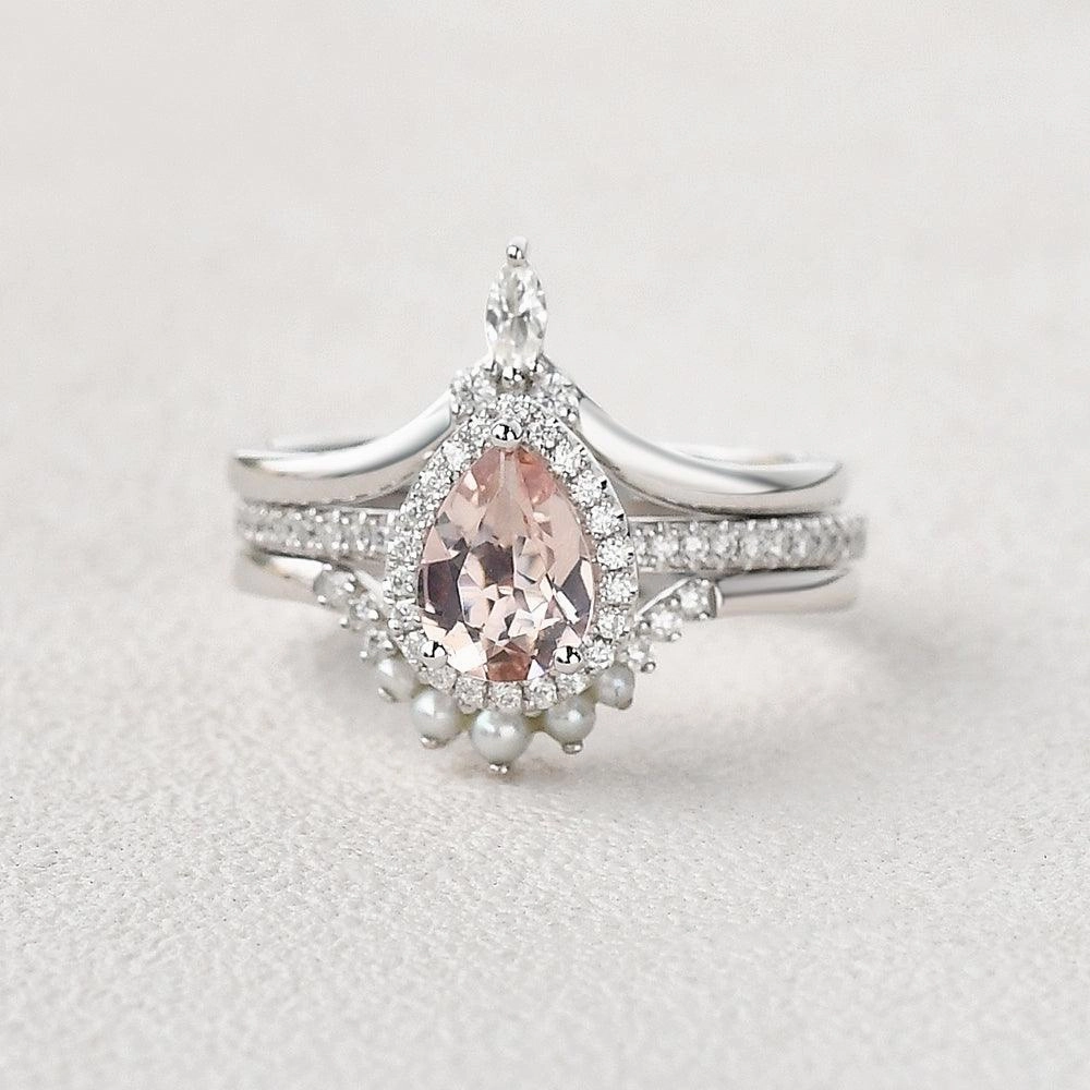 Studio Shot Dazzling Edge Pear Shaped Morganite Pearl-fect White Gold Halo Ring Set 3pcs