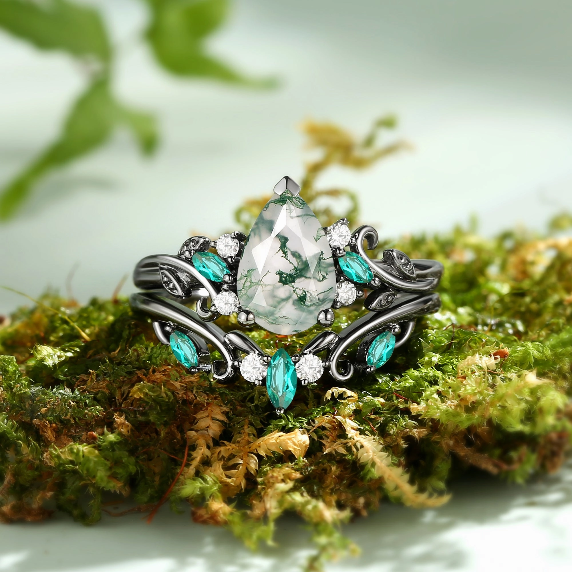 Glistening Piece Graceful Beauty Pear Shaped Vintage Moss Agate Leafy Ring Set 2pcs - Pyrrhus