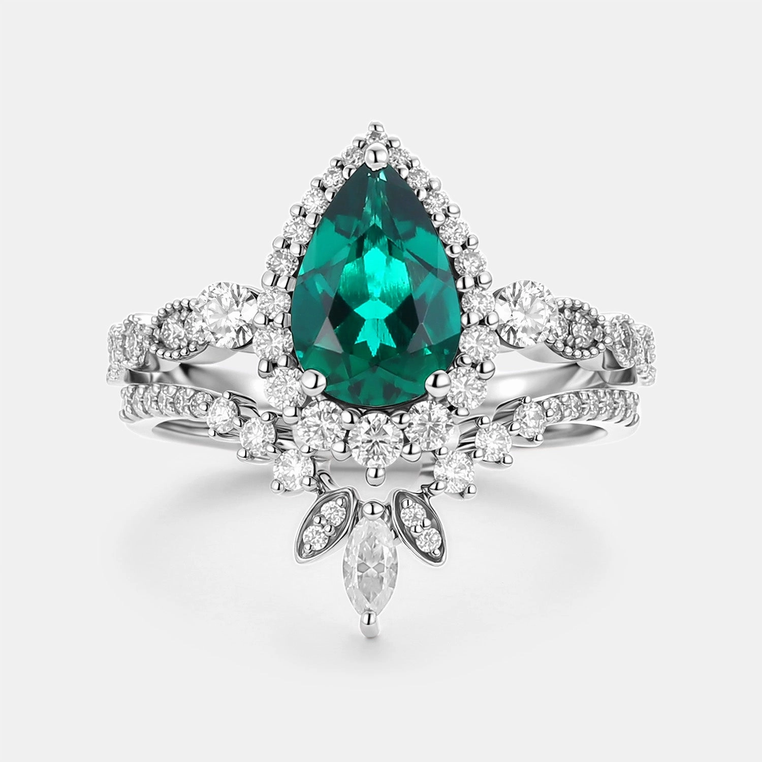Natural Flow Shimmer Mood Pear Cut Lab Emerald Vintage Engagement Ring Set 2pcs - Mirella