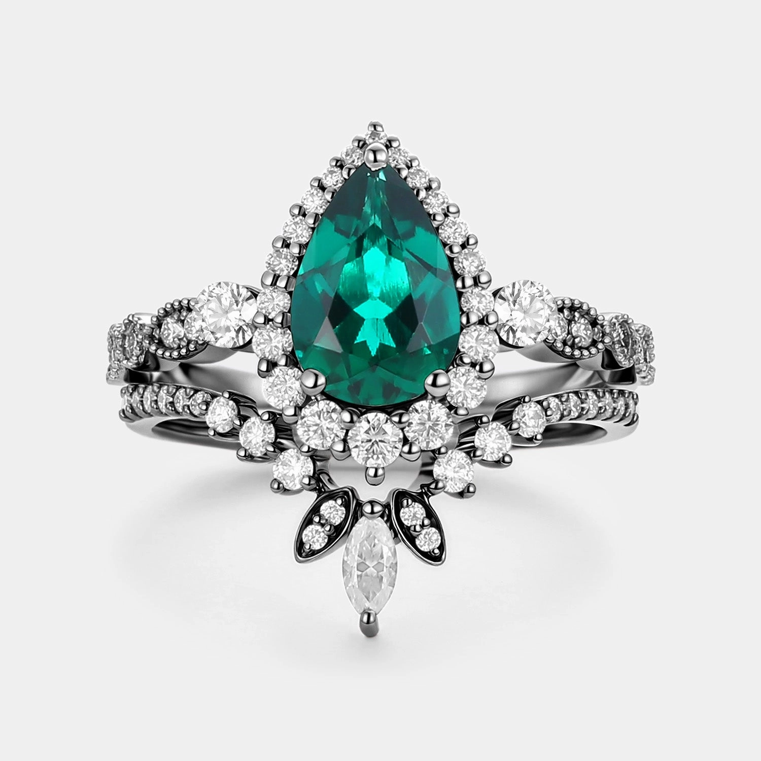 Timeless Wardrobe Distinctive Style Pear Cut Lab Emerald Vintage Engagement Ring Set 2pcs - Mirella