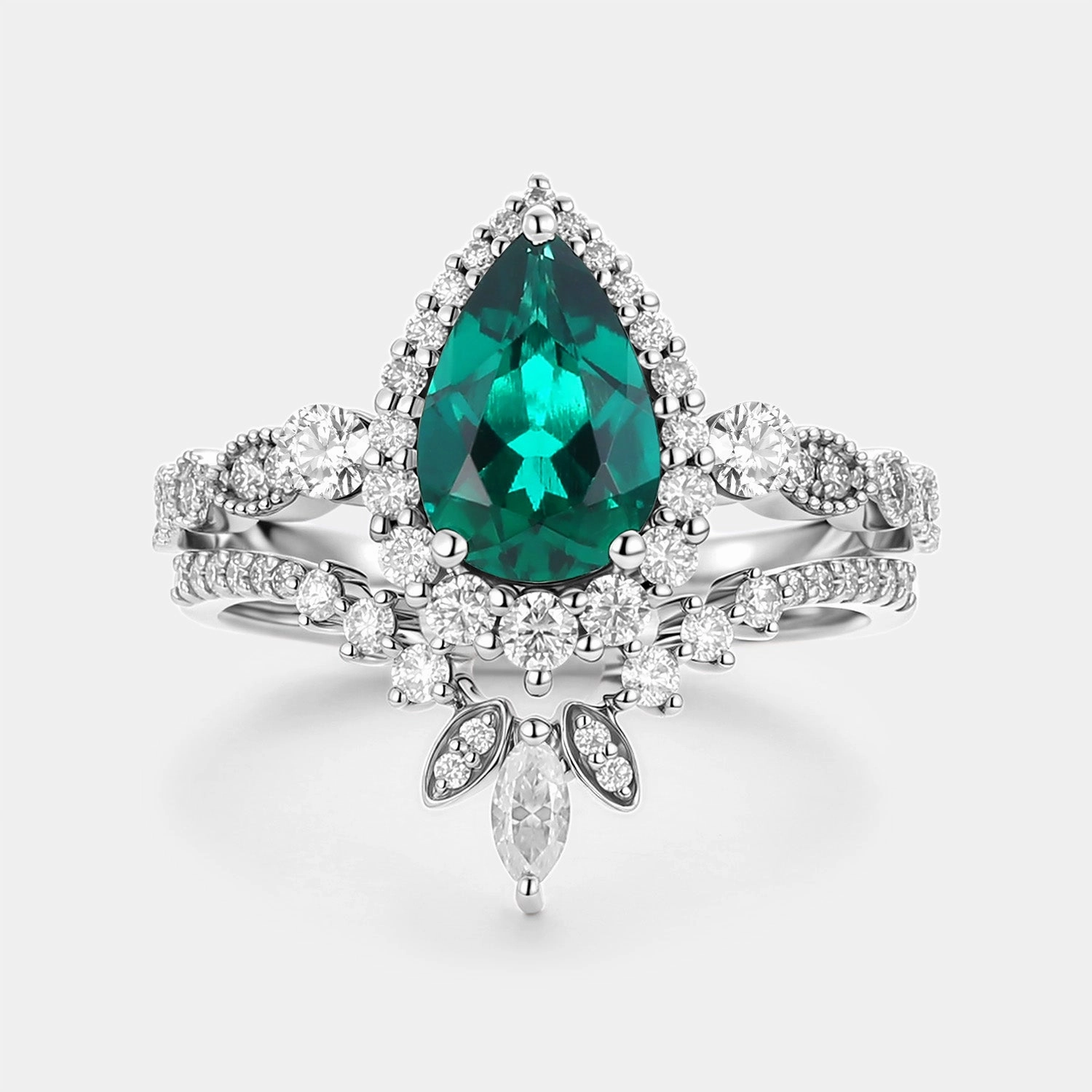 Pear Cut Lab Emerald Vintage Engagement Ring Set 2pcs - Mirella Glow Layer Stylish Contour