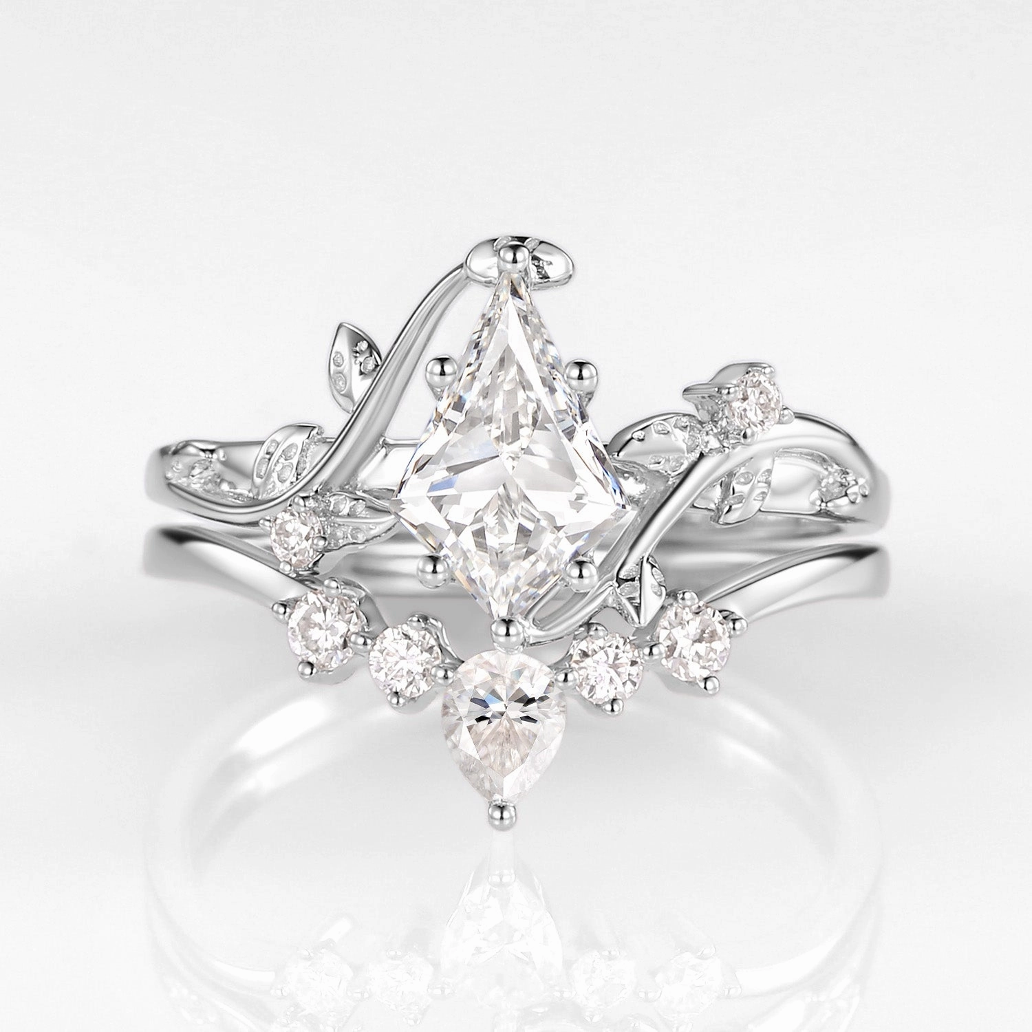 Modern Accessory Nature Inspired - Unique Kite Cut Moss Agate Leafy Bridal Ring Sets 2pcs - Willow