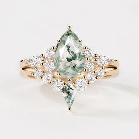 Modern Accessory Twin Flames - Pear Cut Unique Moss Agate Engagement Ring Sets 2pcs - Zoey