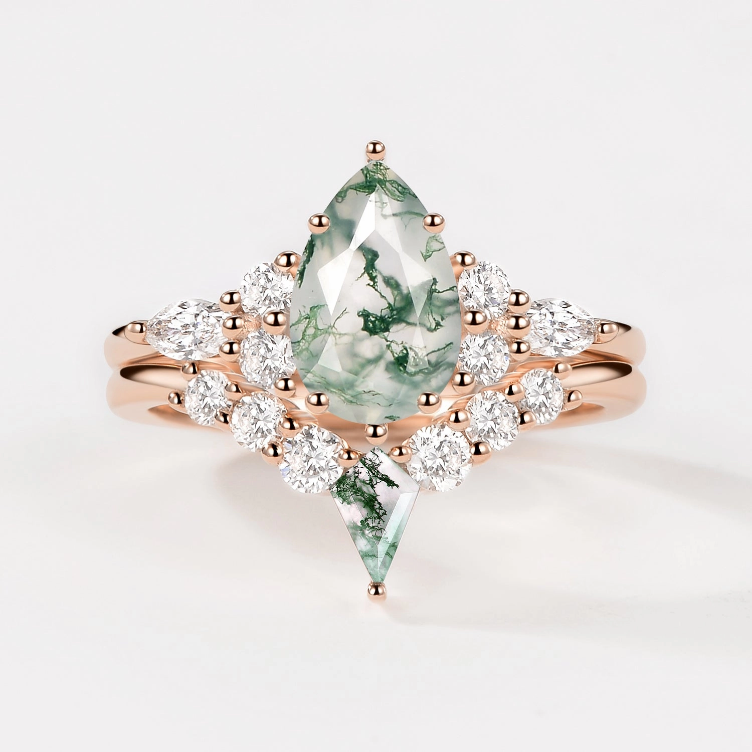 Radiant Sparkle Classic Duo Twin Flames - Pear Cut Unique Moss Agate Engagement Ring Sets 2pcs - Zoey