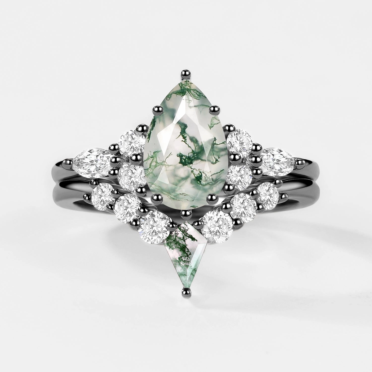 Twin Flames - Pear Cut Unique Moss Agate Engagement Ring Sets 2pcs - Zoey Everyday Style
