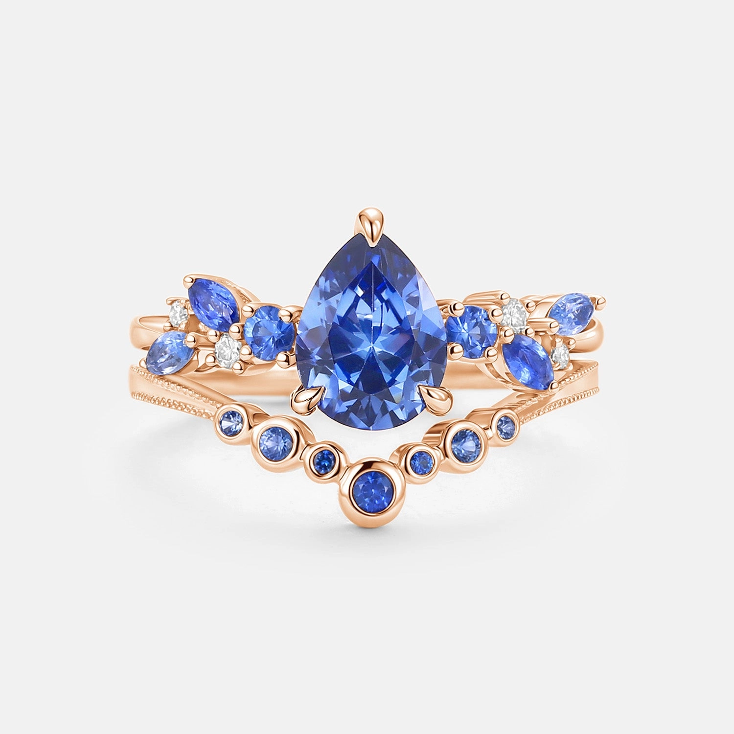 Brilliant Touch Merging in the Rain - Lab Cornflower Sapphire Pear Cut Ring Set