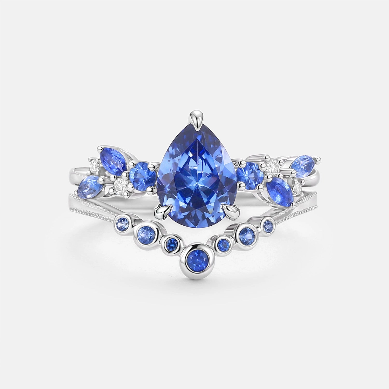 Merging in the Rain - Lab Cornflower Sapphire Pear Cut Ring Set Sophisticated Craft
