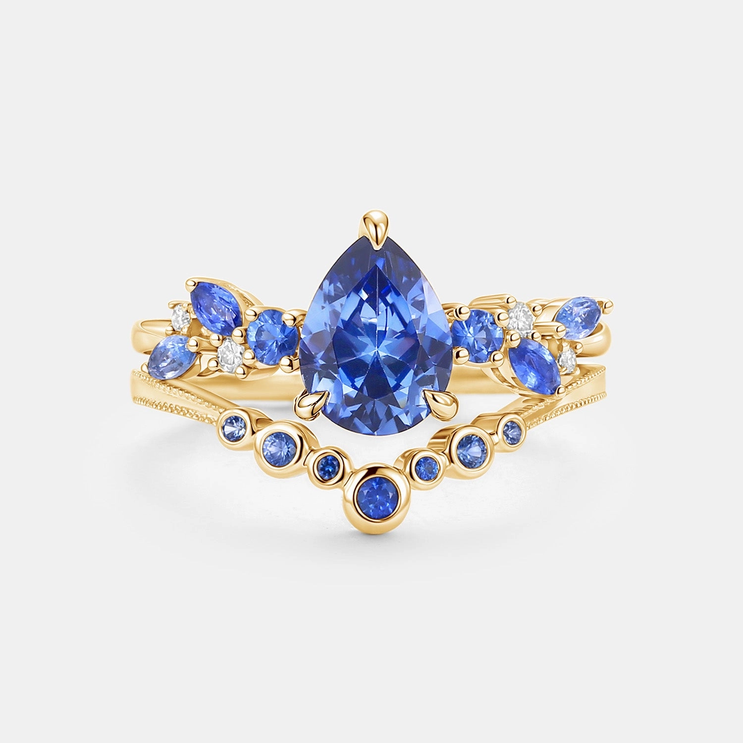 Merging in the Rain - Lab Cornflower Sapphire Pear Cut Ring Set Layered Finish Delicate Spark