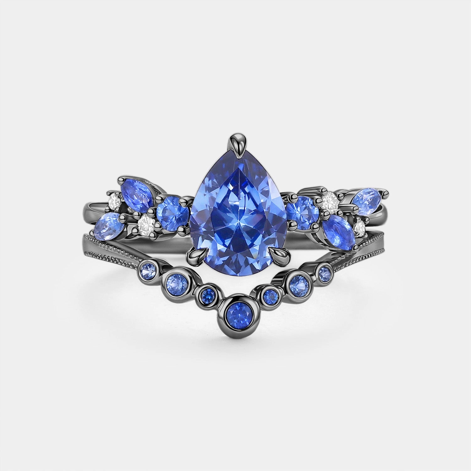 Gift Option Merging in the Rain - Lab Cornflower Sapphire Pear Cut Ring Set
