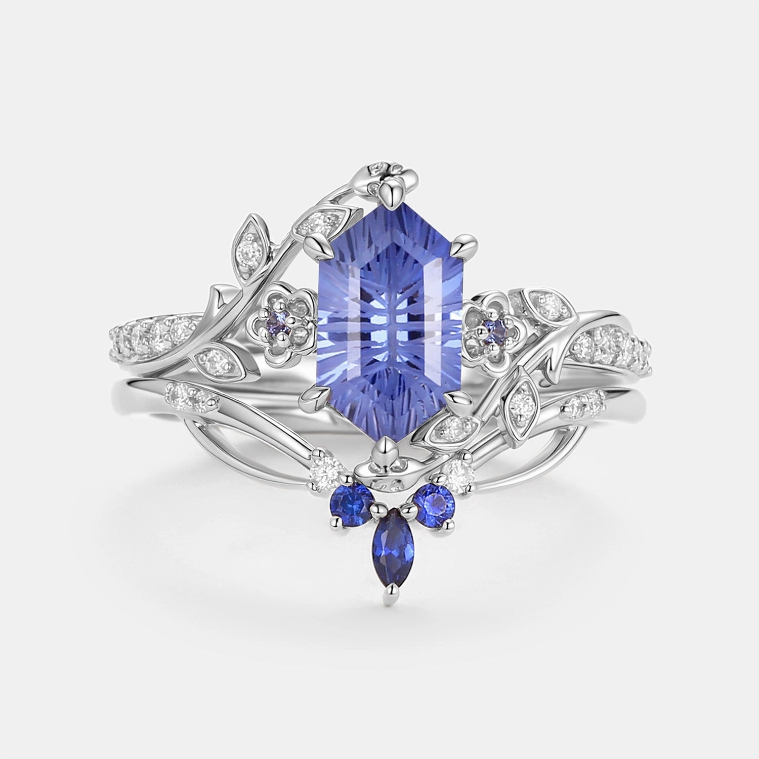 Style Focus Fireworks Cut Lab Cornflower Sapphire Elongated Hexagon Engagement Ring Set - Zane