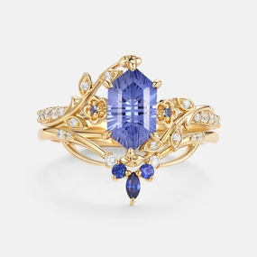 Fireworks Cut Lab Cornflower Sapphire Elongated Hexagon Engagement Ring Set - Zane Elegant Pick