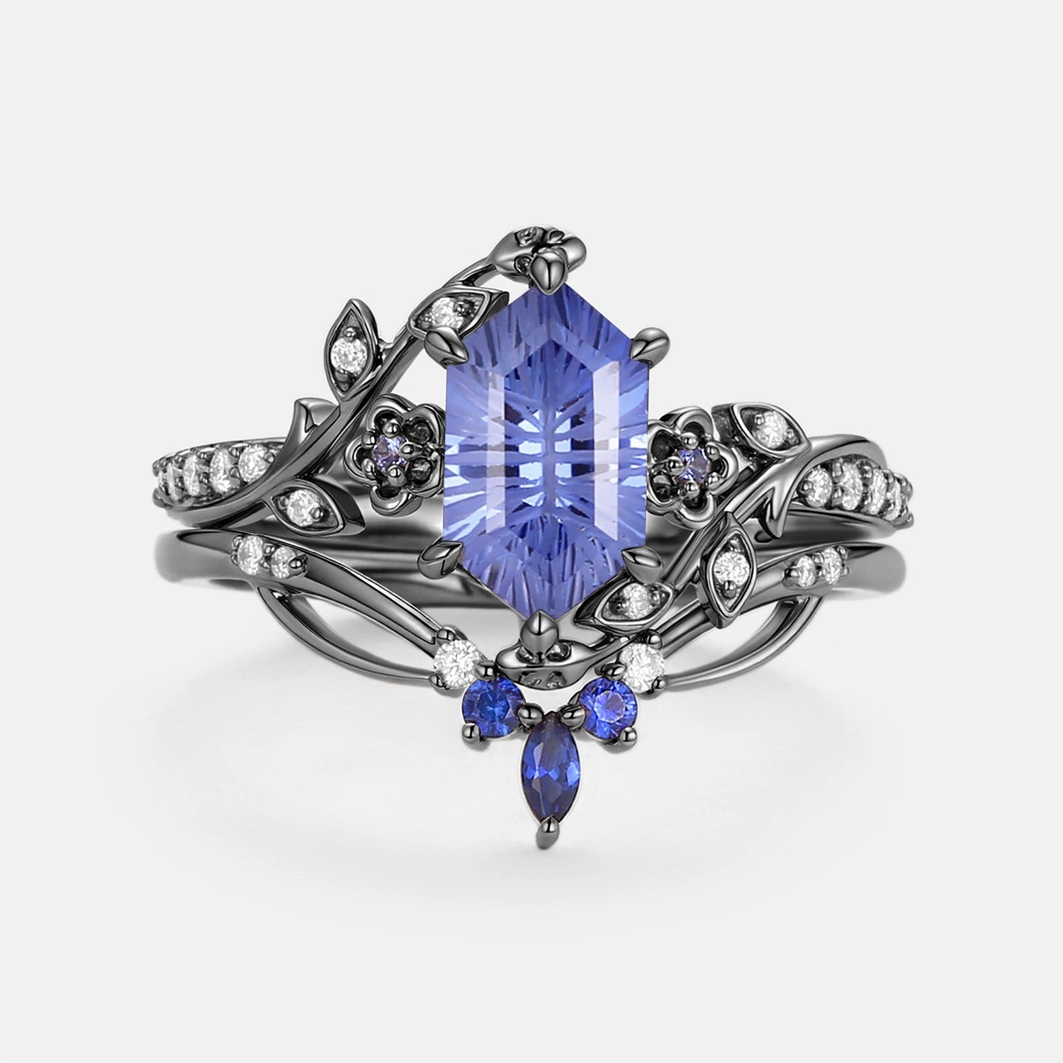 Classic Craftwork Bold Layer Fireworks Cut Lab Cornflower Sapphire Elongated Hexagon Engagement Ring Set - Zane