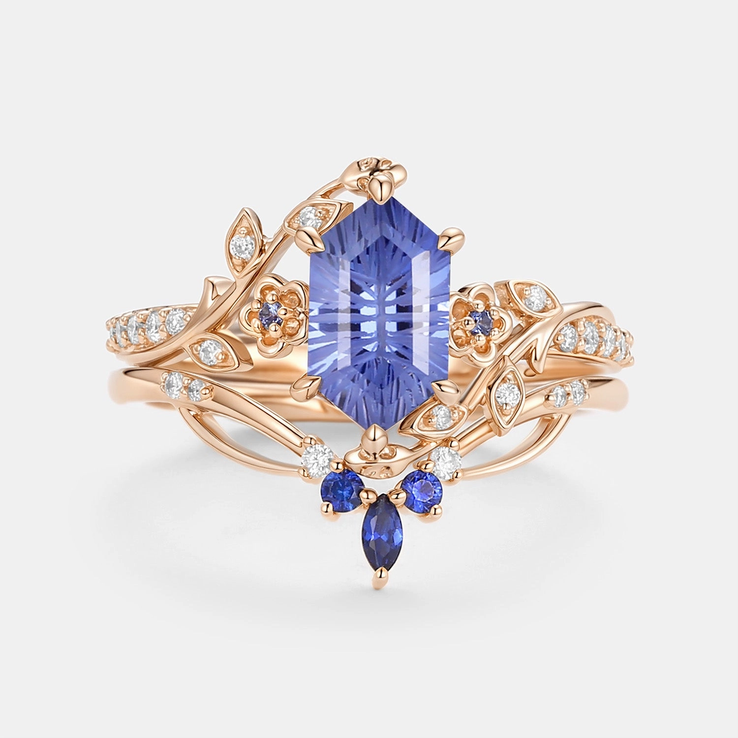 Brilliant Accent Fireworks Cut Lab Cornflower Sapphire Elongated Hexagon Engagement Ring Set - Zane