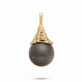 Fish Net Tahitian Black Pearl Pendant in Gold - 14-17mm Perfect Accent