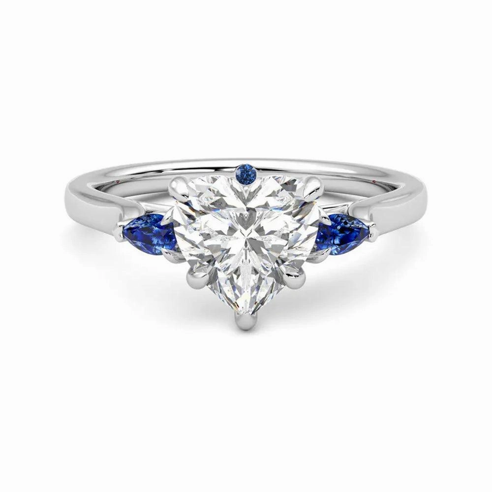 Fashion Glow Three Stone Heart Shaped Moissanite Engagement Ring with Hidden Anniversary Stone Accent