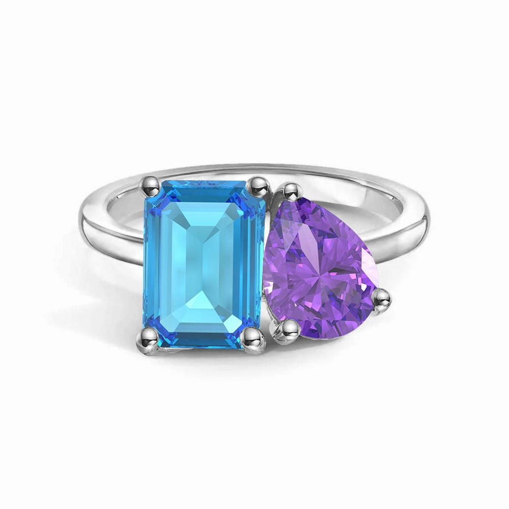 Toi et Moi Personalized Blue Topaz Birthstone Anniversary Ring Soft Edge