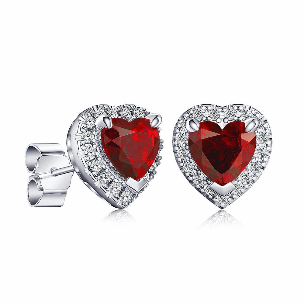 1 CT. Heart Shaped Birthstone Stud Earrings with Halo Glam Edge Layered Touch