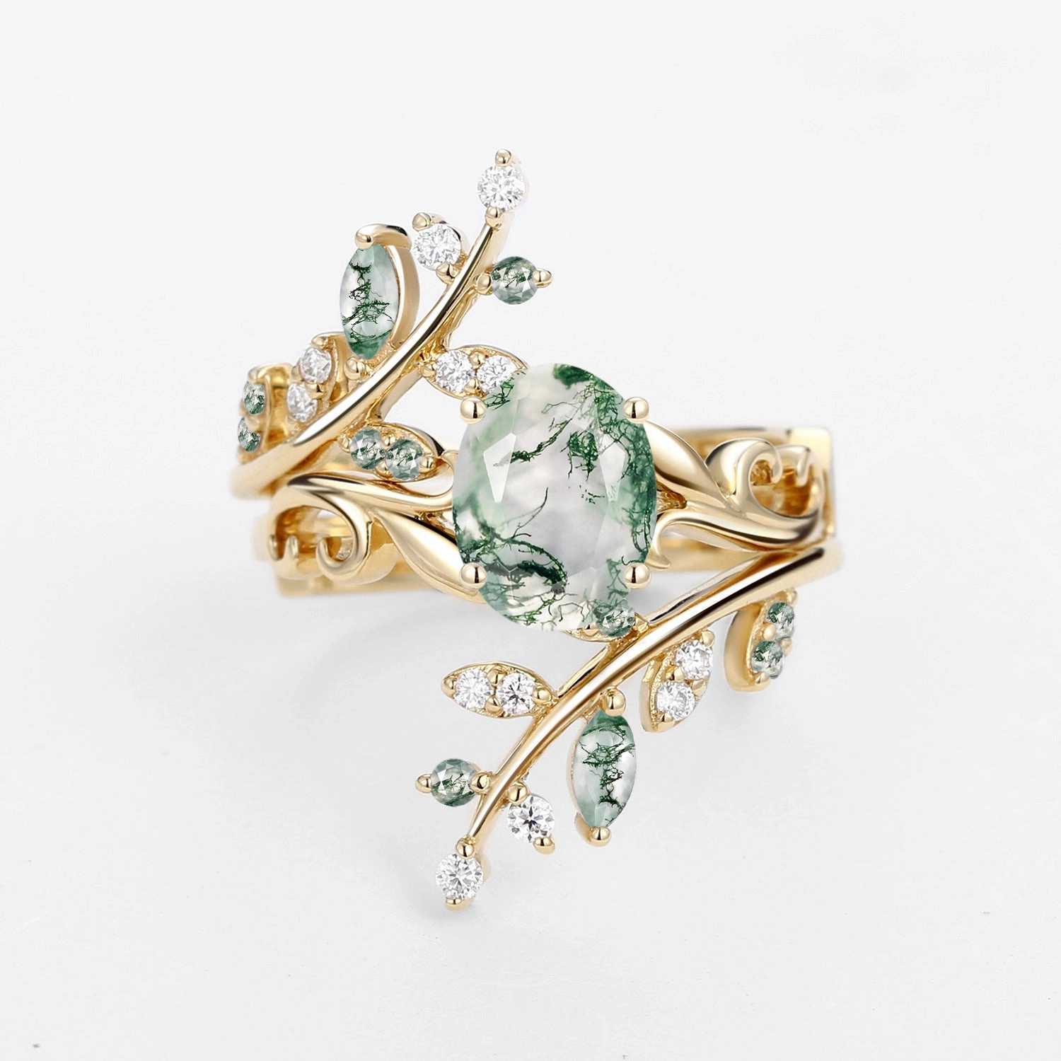 Everyday Highlight Oval Shaped Moss Agate Engagement Ring Sets 2PCS - Talasi