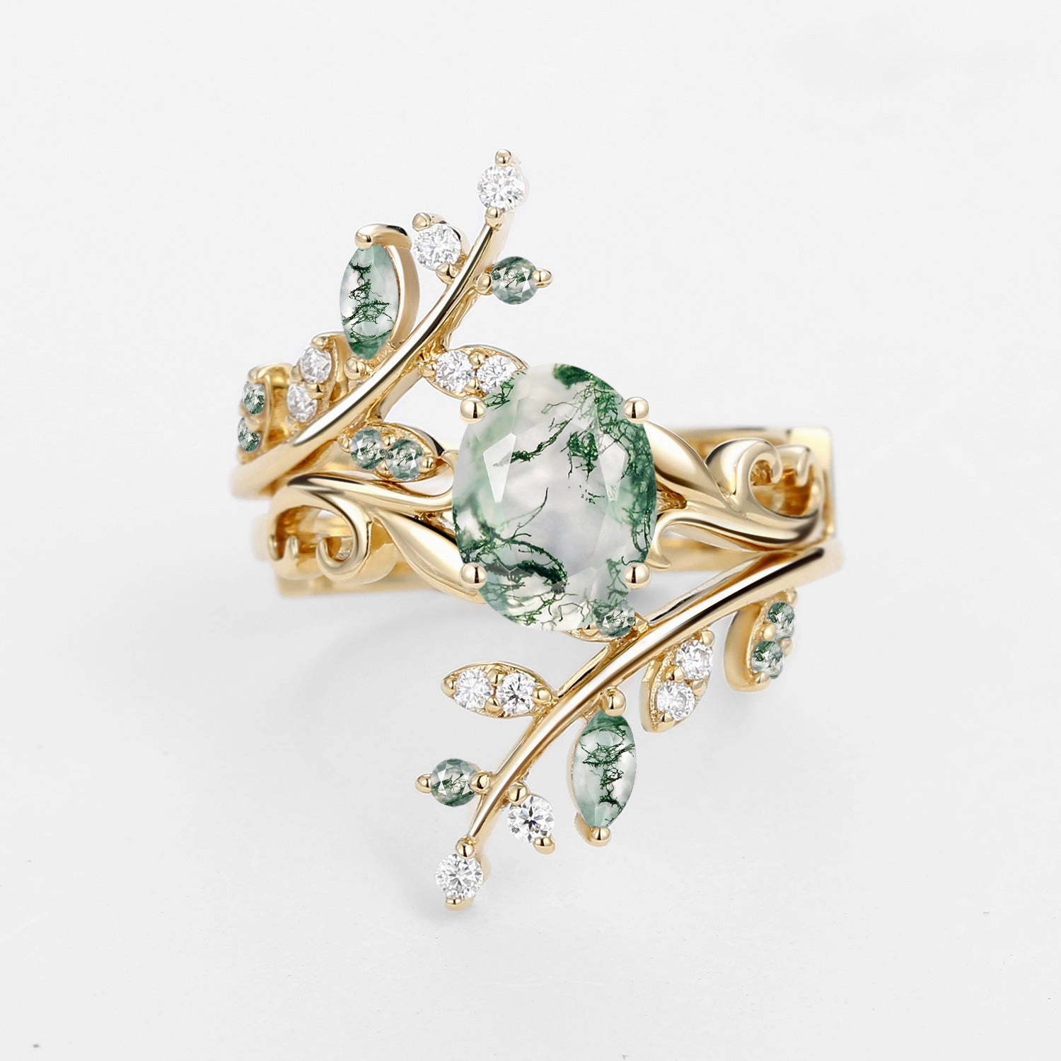 Oval Shaped Moss Agate Engagement Ring Sets 2PCS - Talasi Chic piece Fine Accent