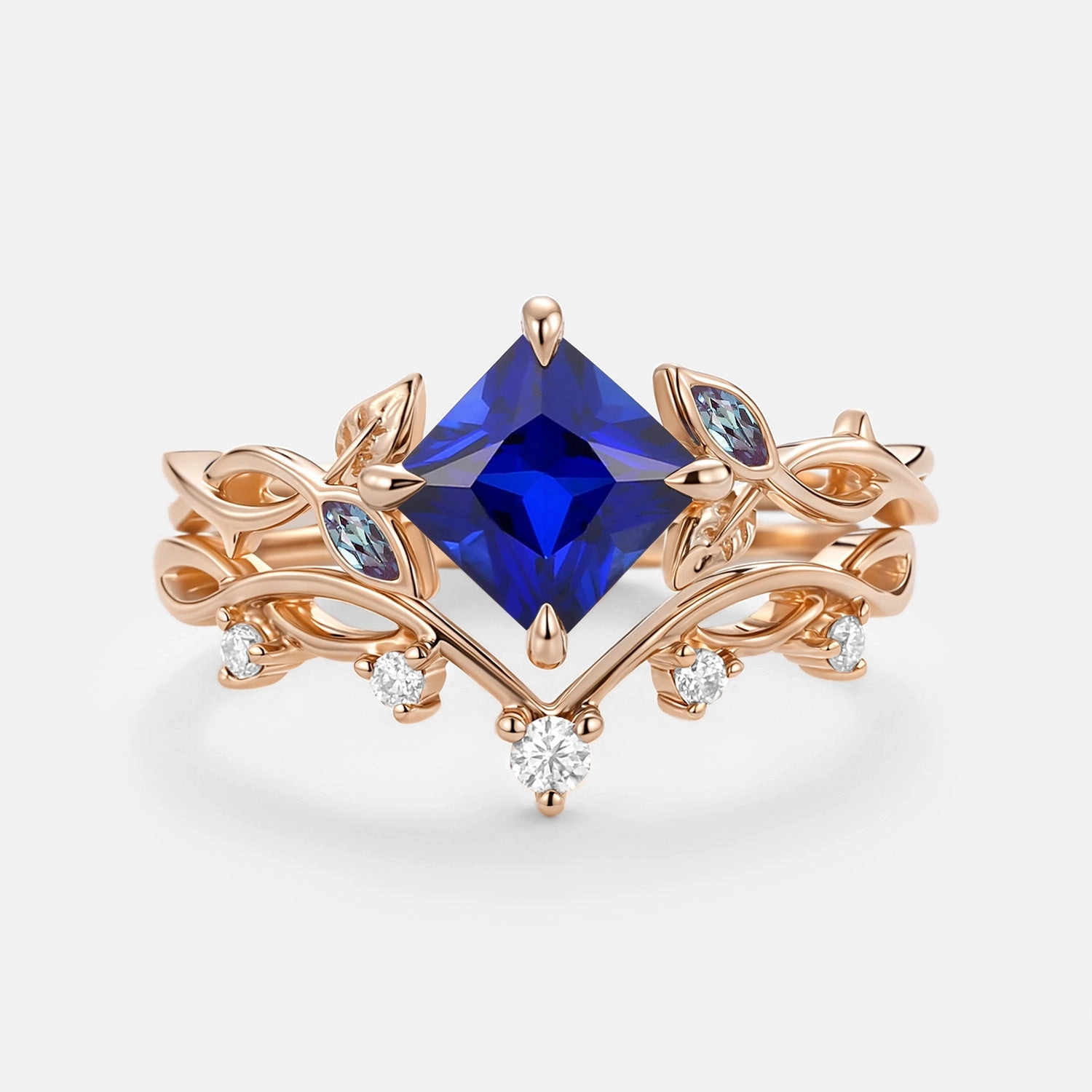 Fashionable Jewelry Glamorous Shine Princess Cut Lab Sapphire Twist Leafy Engagement Ring Set- Sable